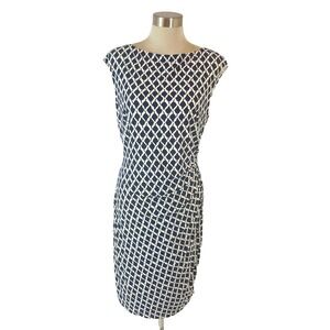Lauren Ralph Ruched Jersey Dress Navy Blue White Geometric Size‎ 14